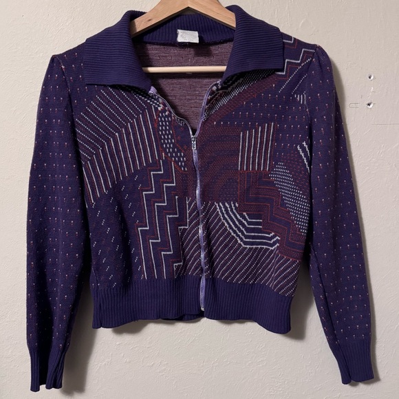 Sweaters - Vintage Geometric pattern Purple zip up sweater pleated shoulder Size Small